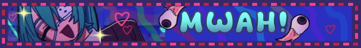 Blue blinkie with Monitoring Miku that says "MWAH!"