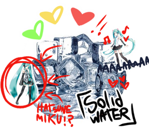 An icon of a pile of ice cubes, edited to be scribbled and covered in stickers. There's two stickers of Miku, one of them scribbled with red clickbait arrows and the other with music notes and hearts. There's three heart stickers in green, yellow and red