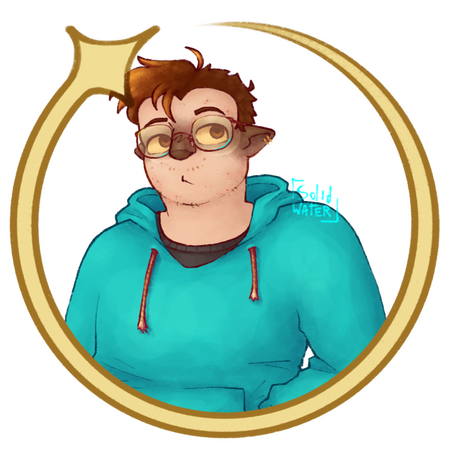 An icon of Niko, a fat white person with short brown hair swept to the side, red rounded glasses, and a cyan hoodie. They have a hand in their hoodie pocket, and theyre looking up with a silly curious expression. Paw is framed by a shooting star around paw